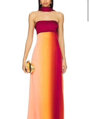 strapless ombré evening gown in burgundy and orange